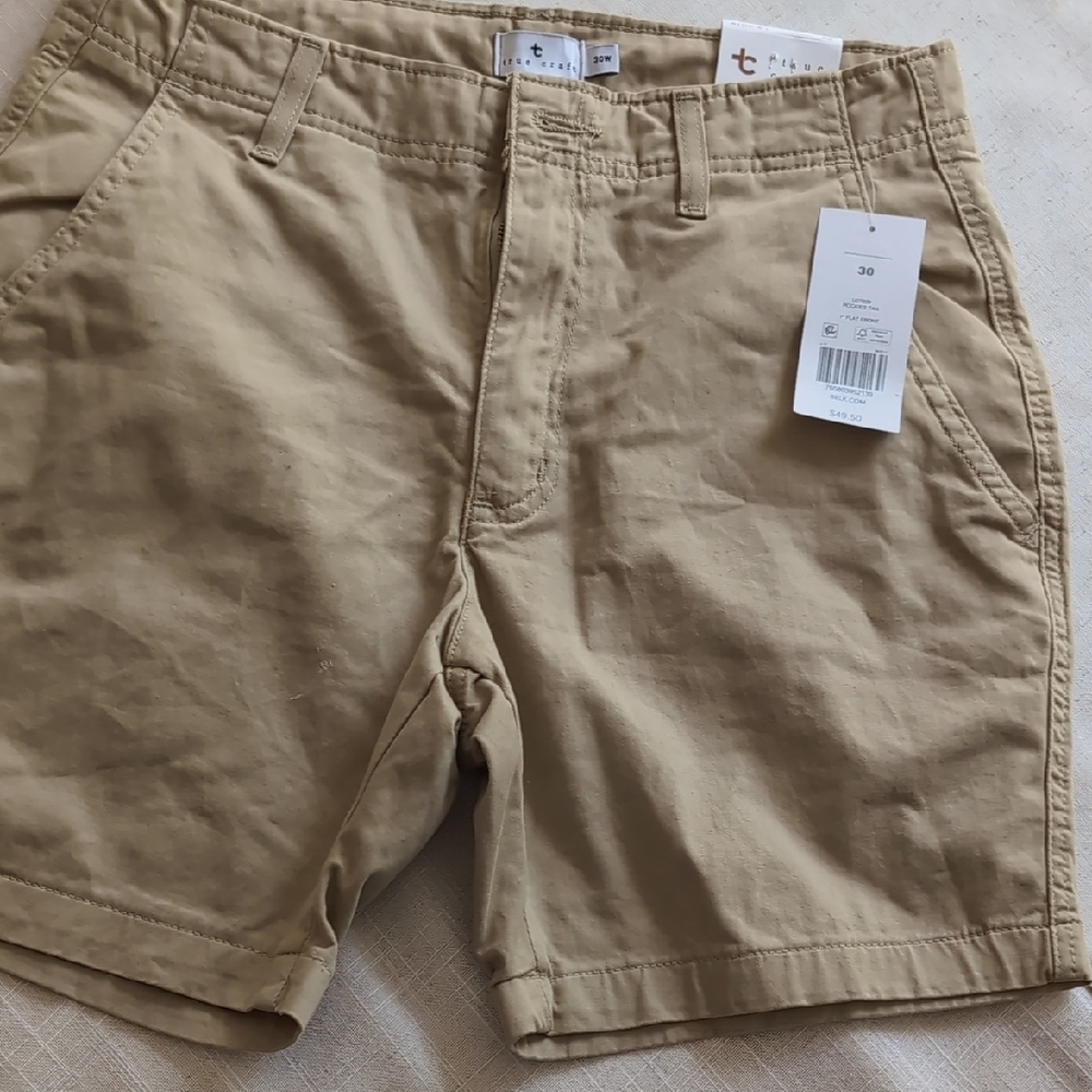 Khaki Flat Front Cotton Blend Shorts with Belt Loops